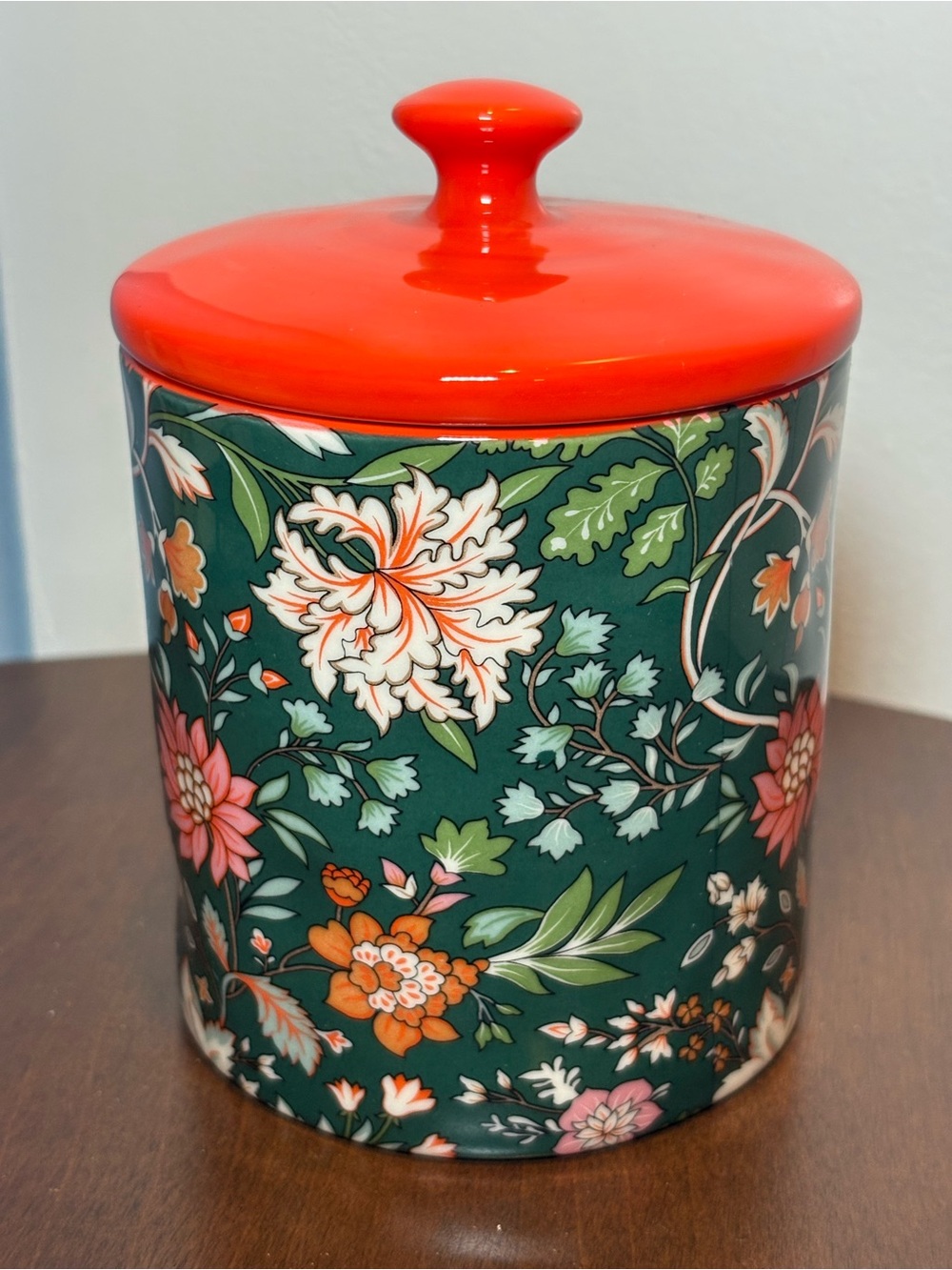 Floral Ceramic Jar with Bright Orange-Red Lid